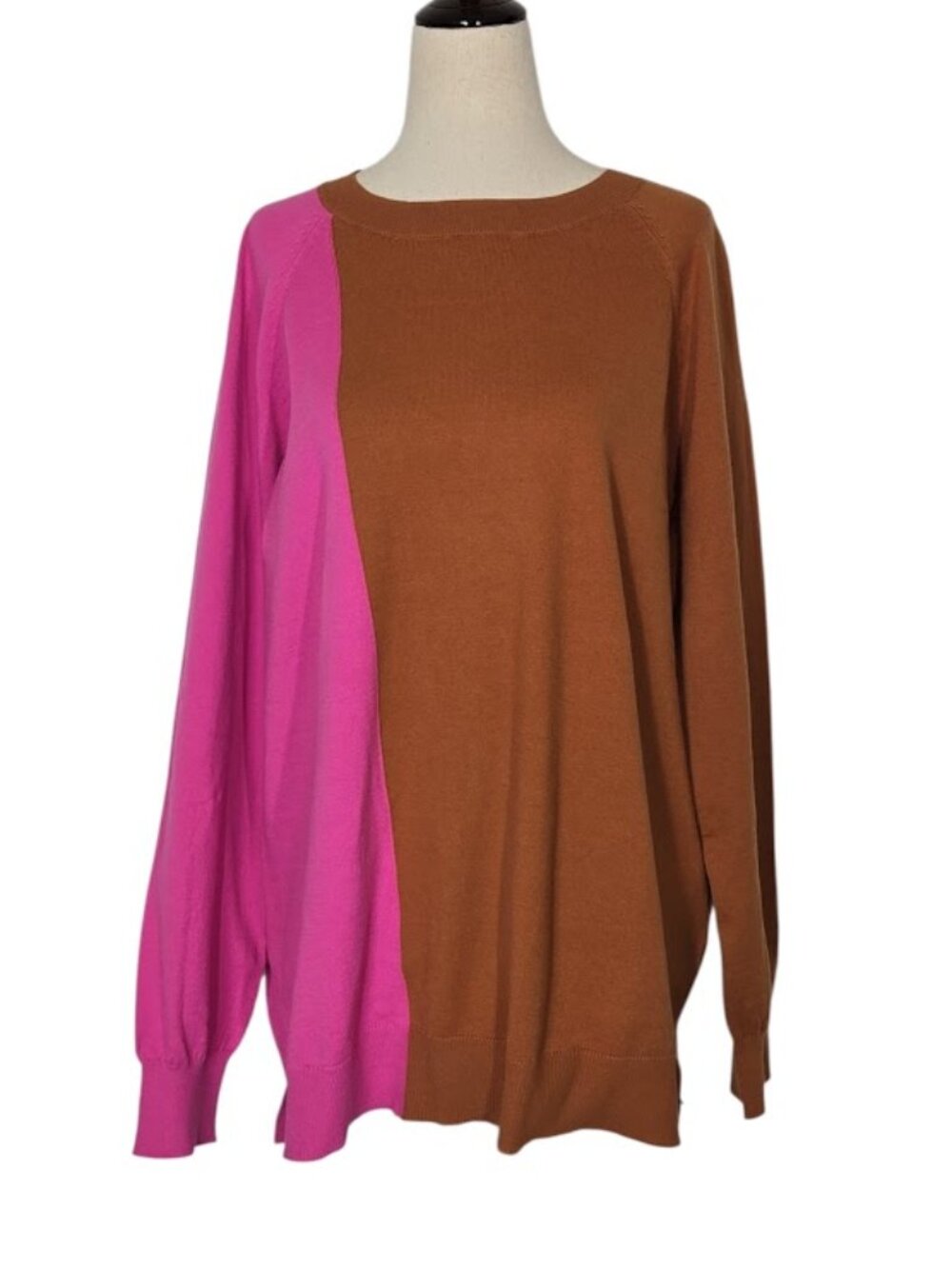 14TH & UNION Womens XL Pink Brown Colorblock Crewneck Pullover Sweater NWT